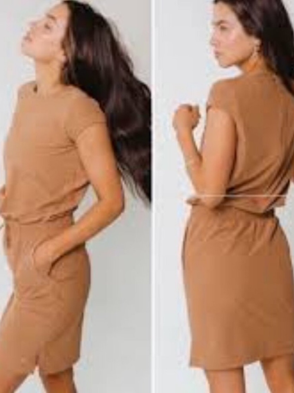 Albion Camel Midi Knit Dress with Drawstring Waist